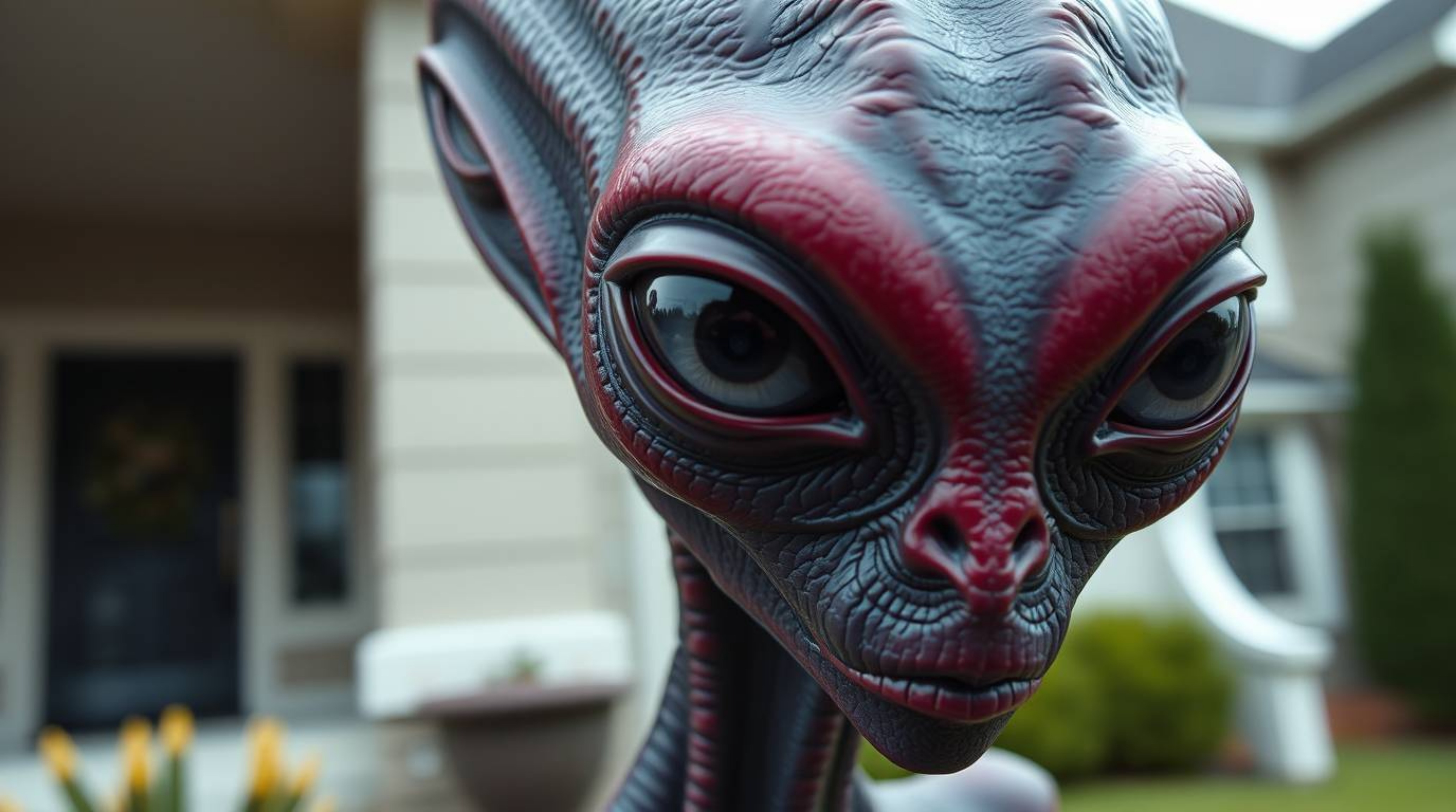 Discover an exquisite extreme macro photograph revealing intricate details of a sophisticated alien with rich burgundy and de