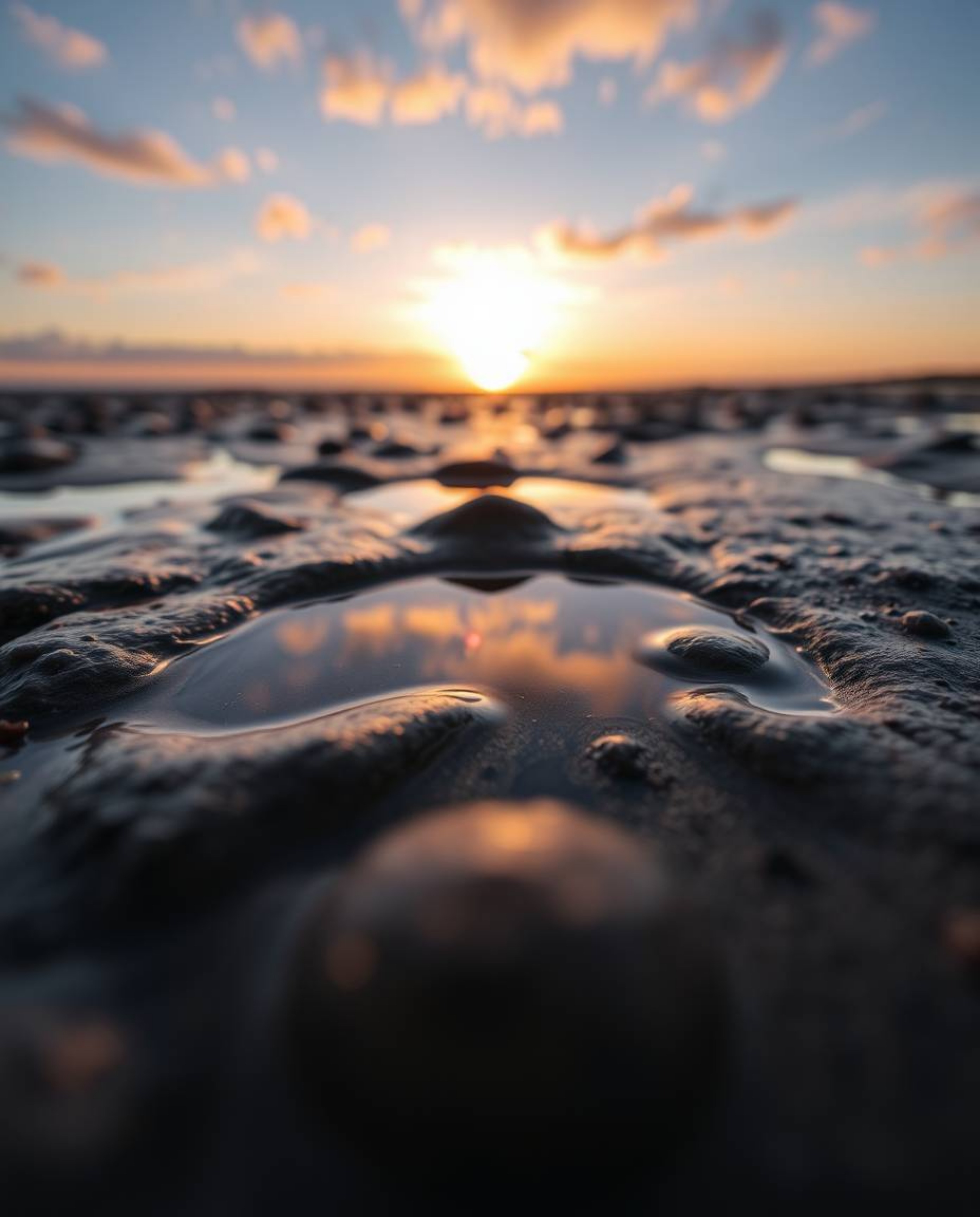 An extreme macro close-up photograph captures the intricate details of a sunset sky as it is mirrored in the tidal pools on a