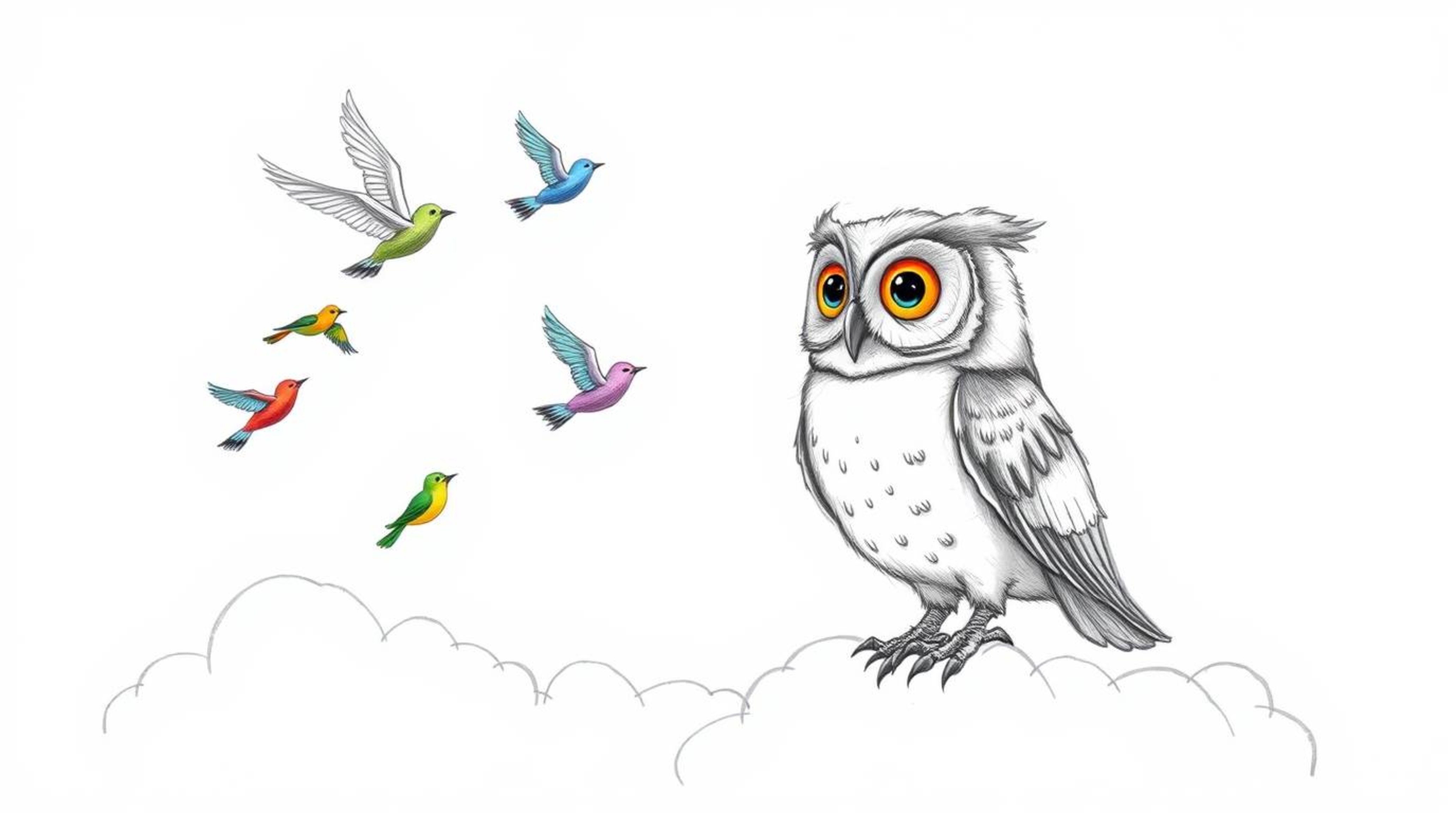 A heartwarming hand-drawn sketch in Pixar style depicts a blind owl with soft feathers and large, expressive eyes, radiating 
