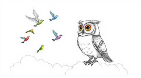 A heartwarming hand-drawn sketch in Pixar style depicts a blind owl with soft feathers and large, expressive eyes, radiating 