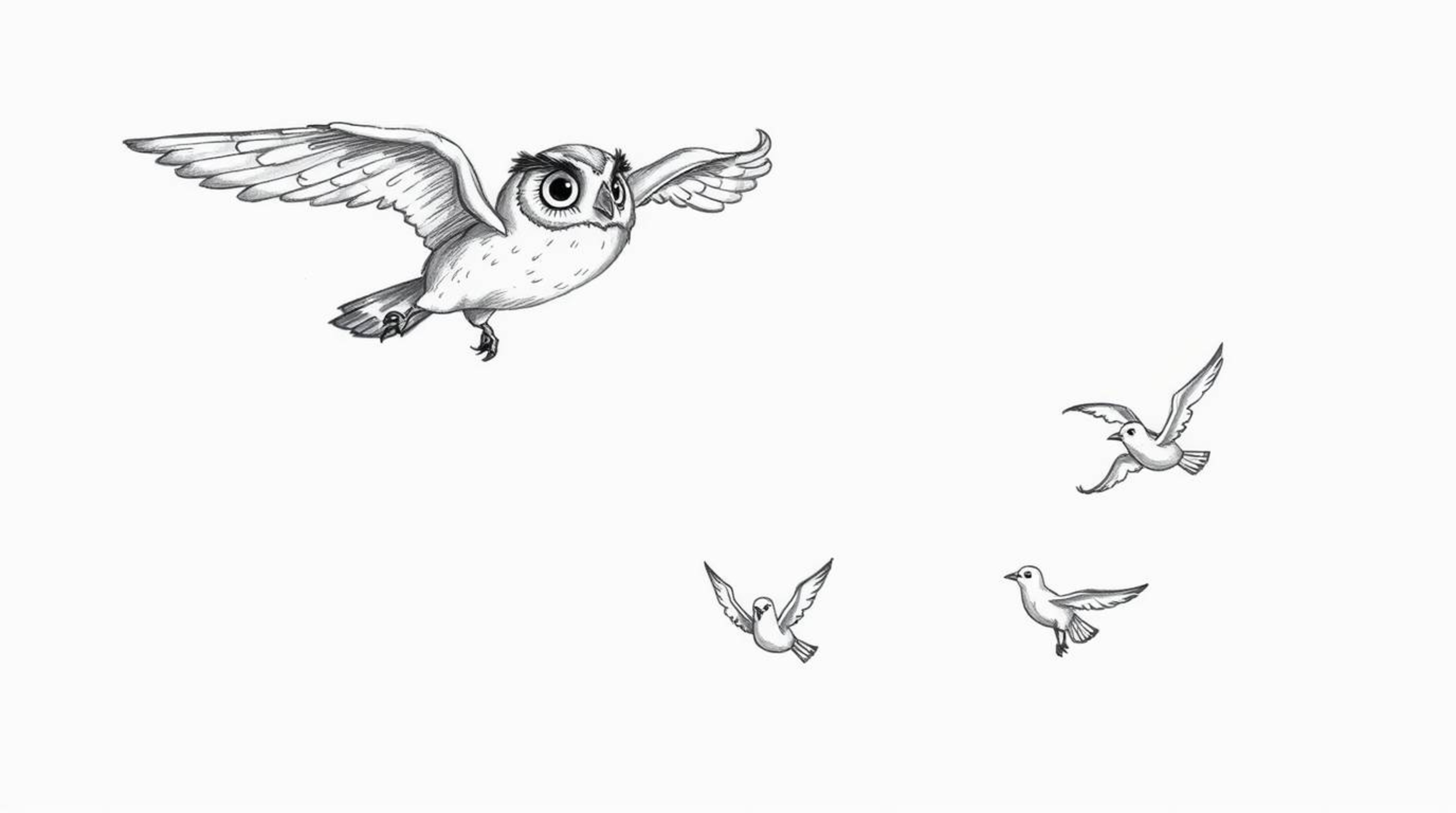 A heartwarming hand-drawn sketch in the style of Pixar portrays a blind owl gracefully mid-flight, guiding several birds in t