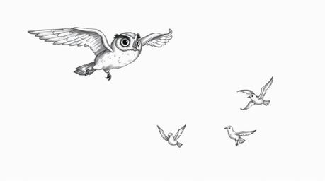 A heartwarming hand-drawn sketch in the style of Pixar portrays a blind owl gracefully mid-flight, guiding several birds in t