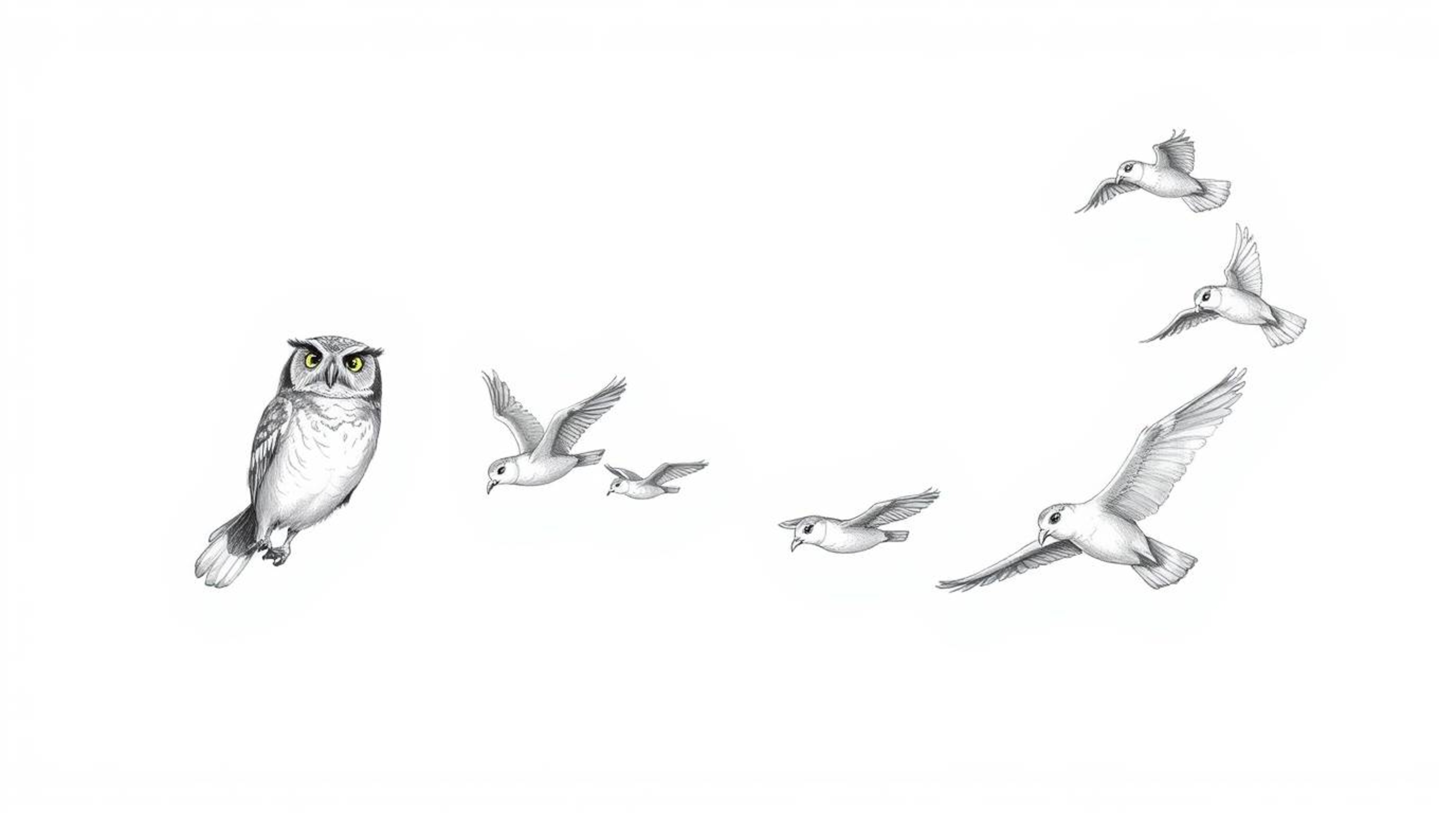 A Pixar-inspired hand-drawn sketch depicts a blind owl, radiating wisdom through its posture, leading a flock of birds in a p