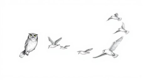 A Pixar-inspired hand-drawn sketch depicts a blind owl, radiating wisdom through its posture, leading a flock of birds in a p