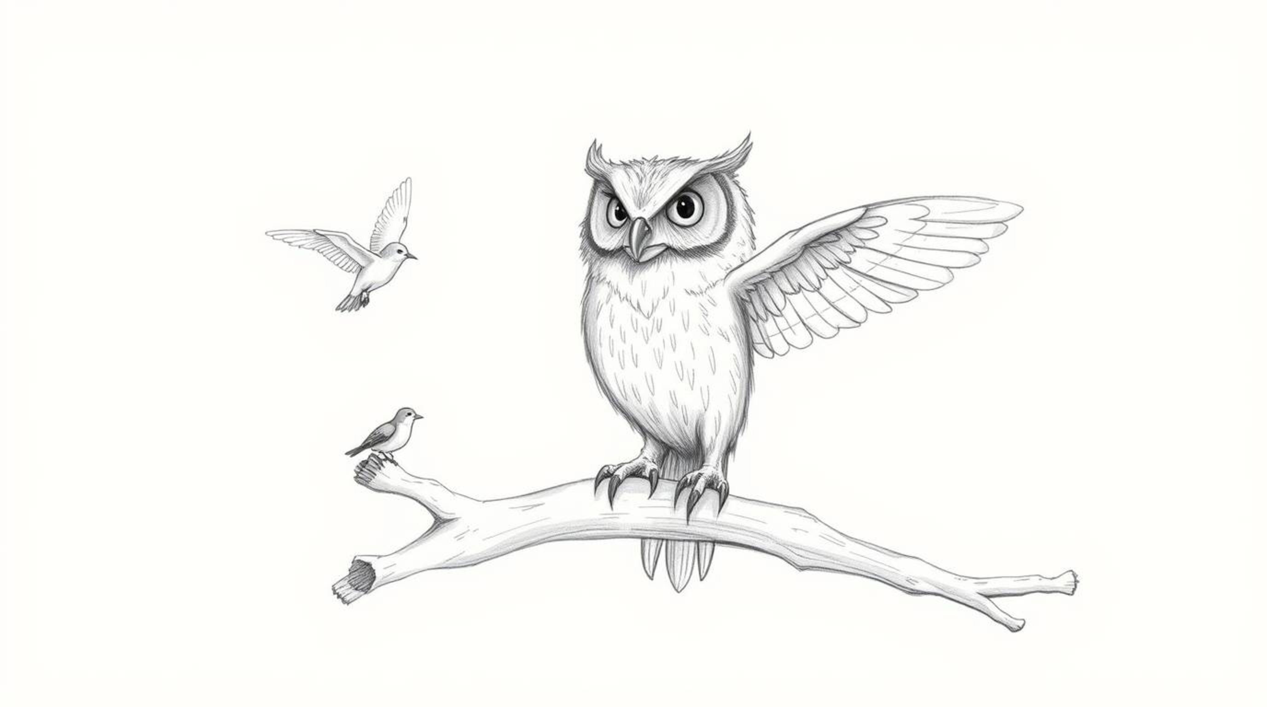 A textured pencil sketch showcases a blind owl perched on a hollow branch, rhythmically tapping its wings to teach birds how 