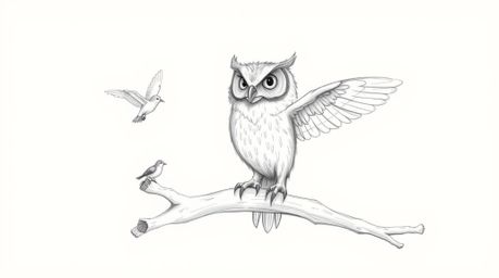 A textured pencil sketch showcases a blind owl perched on a hollow branch, rhythmically tapping its wings to teach birds how 