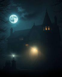 Explore a stunning, high-contrast, low-key image showcasing a grand Victorian mansion shrouded in fog under the ethereal glow