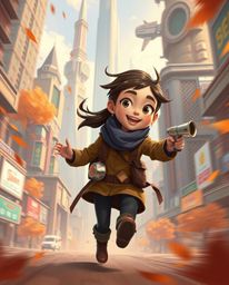 Explore a dynamic illustration of a young inventor girl thriving in a futuristic city. Rendered in a charming Pixar-like styl