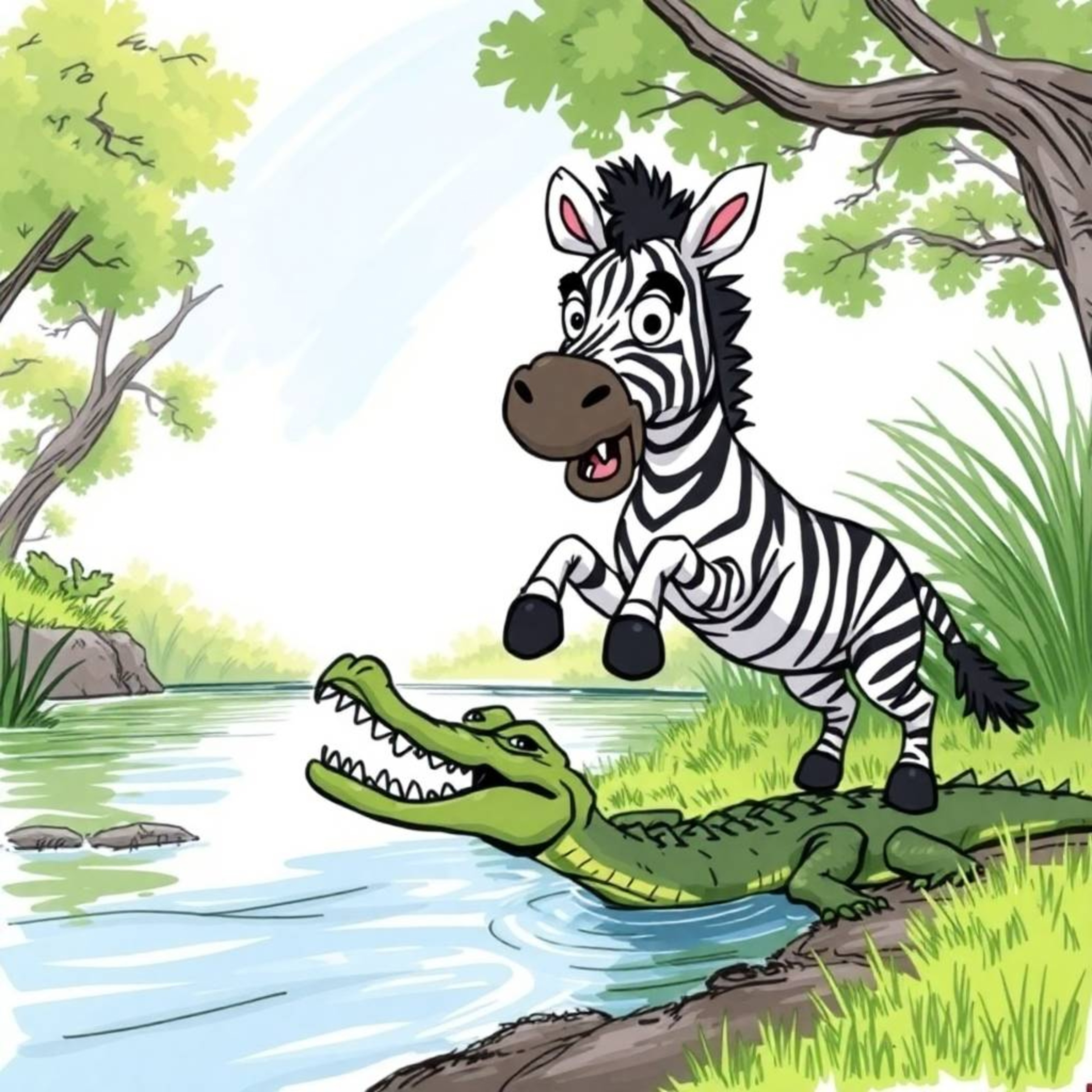A vibrant, low-angle hand-drawn sketch in sketchnote style shows a 3D cartoon zebra with expressive eyes leaping from a croco