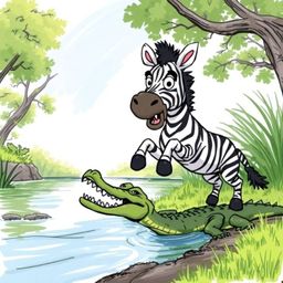 A vibrant, low-angle hand-drawn sketch in sketchnote style shows a 3D cartoon zebra with expressive eyes leaping from a croco
