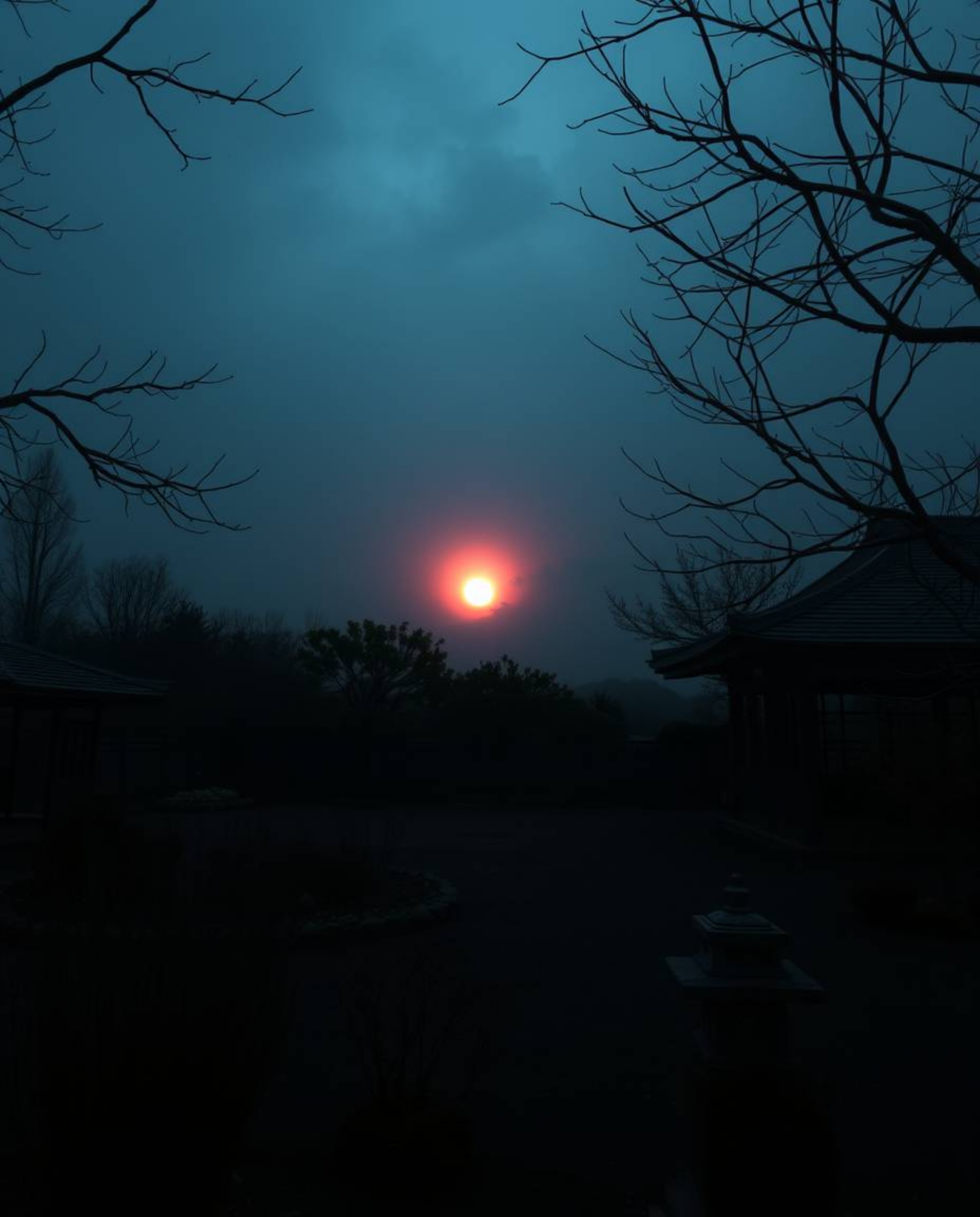 Eerie photograph of a sunset over a serene Zen garden: dark tones, unsettling details, gentle color contrasts, dreamlike atmo