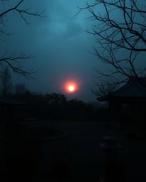 Eerie photograph of a sunset over a serene Zen garden: dark tones, unsettling details, gentle color contrasts, dreamlike atmo