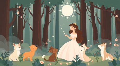 A captivating vintage 2D animation depicts a princess singing in harmony with forest animals, creating a scene of pure enchan