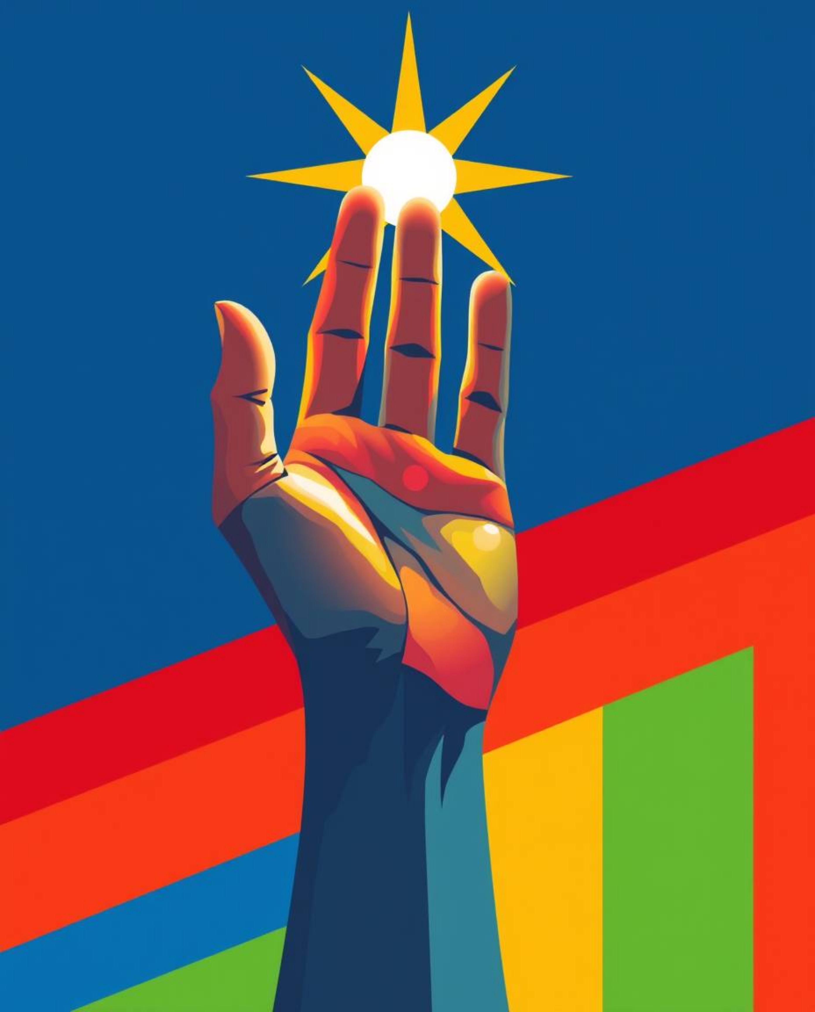 A captivating image showcases a hand reaching towards a radiant light source, emerging from darkness.  The vibrant colors and