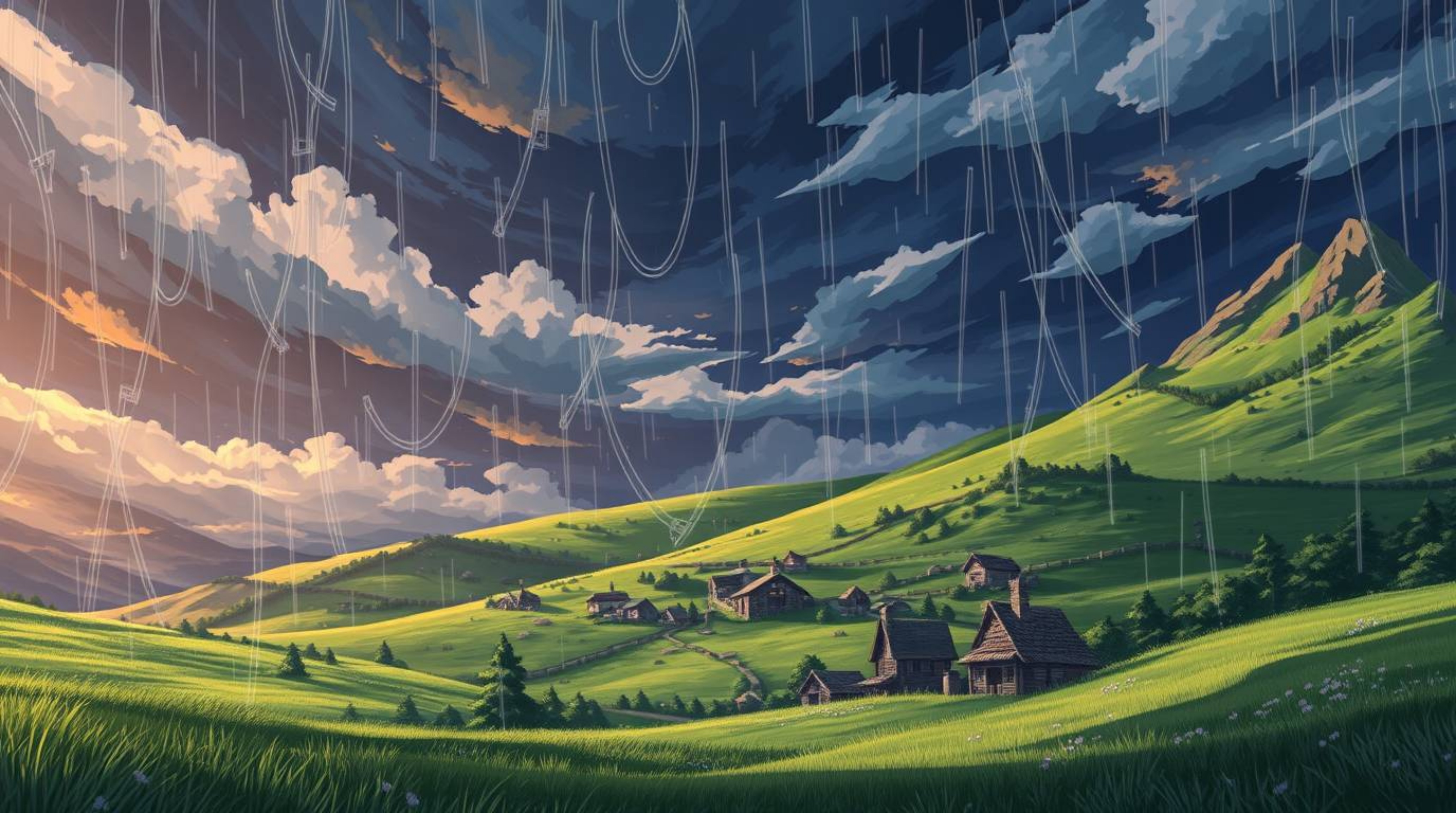 Immerse yourself in an isekai anime-style depiction of a cozy village nestled in a valley, dramatically framed by a stormy sk
