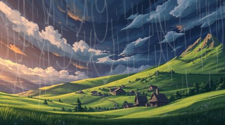 Immerse yourself in an isekai anime-style depiction of a cozy village nestled in a valley, dramatically framed by a stormy sk