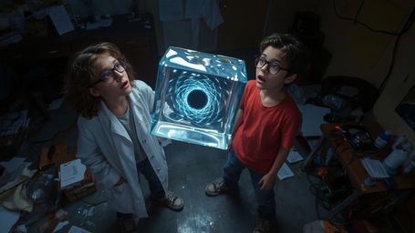 A cinematic, high-contrast photograph, styled after Pixar, captures a dynamic science fair duo in a cluttered, dimly lit lab.