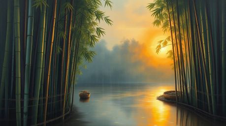Experience the tranquility of a bamboo forest during a rainy sunset in this classic oil painting. The artwork beautifully cap