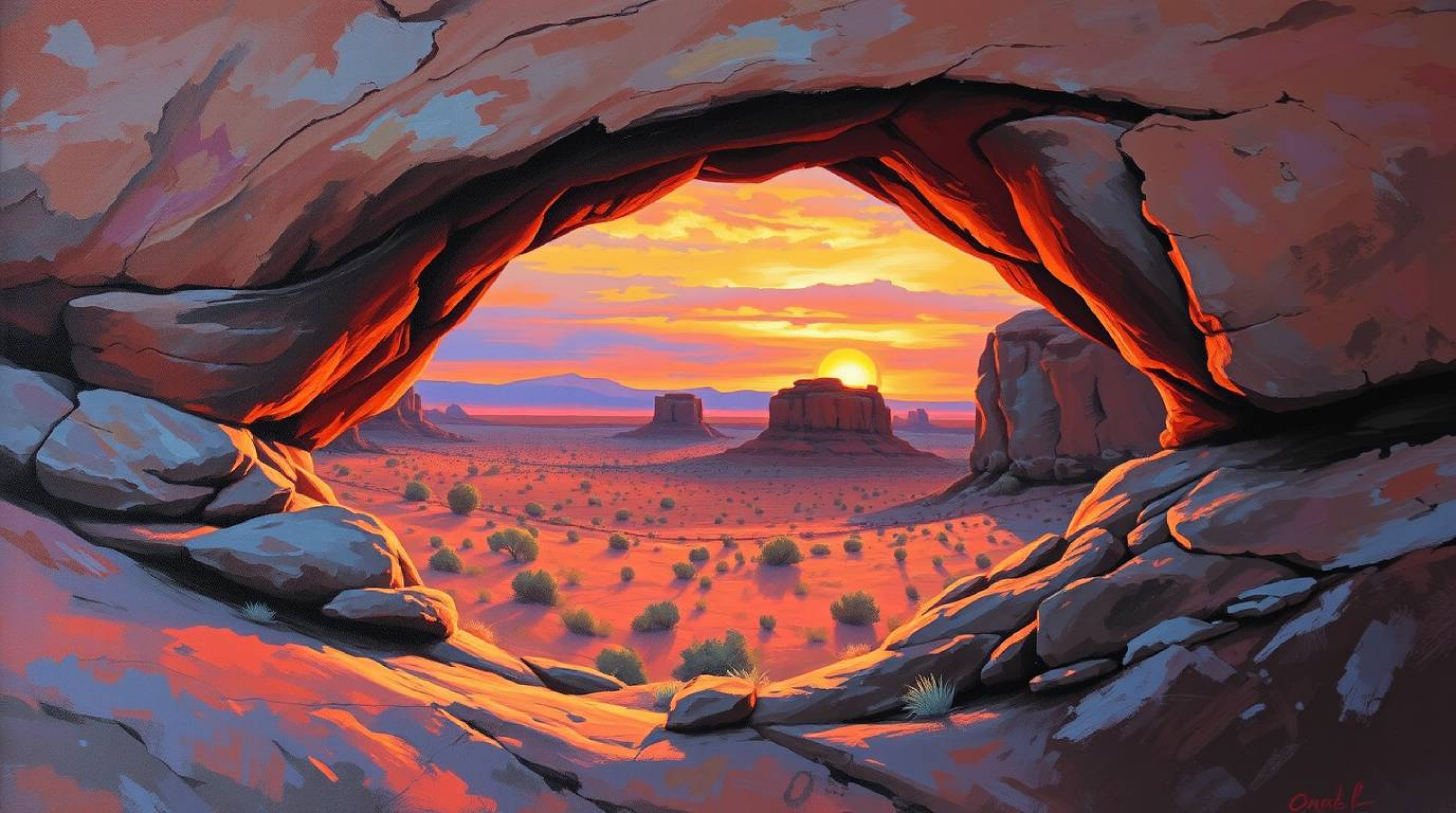 A captivating classic oil painting depicts a breathtaking desert sunset viewed through a natural rock arch.  The artwork show
