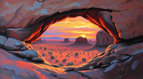 A captivating classic oil painting depicts a breathtaking desert sunset viewed through a natural rock arch.  The artwork show