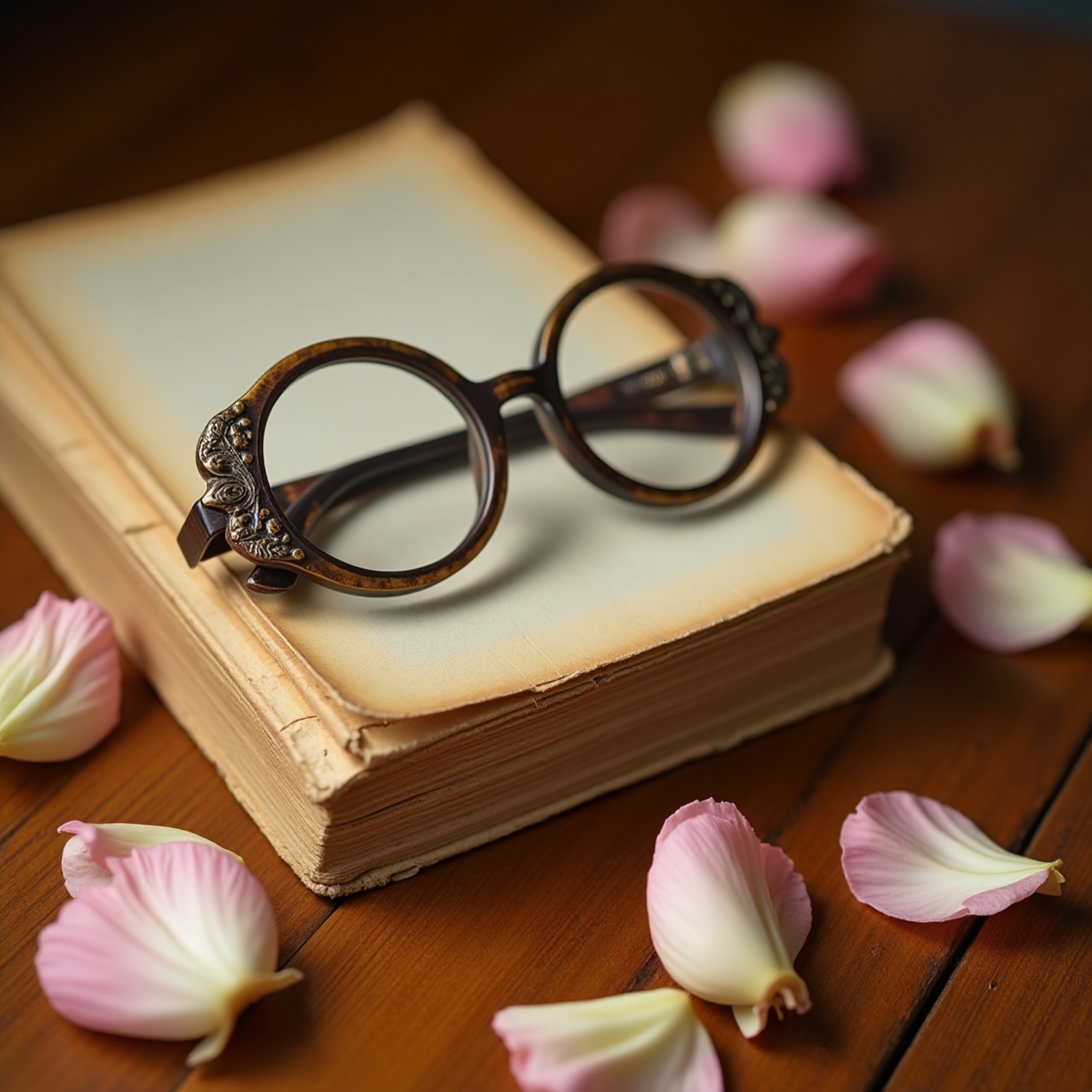 A captivating image featuring a pair of vintage, round-framed spectacles with thick, transparent lenses and intricate metal d