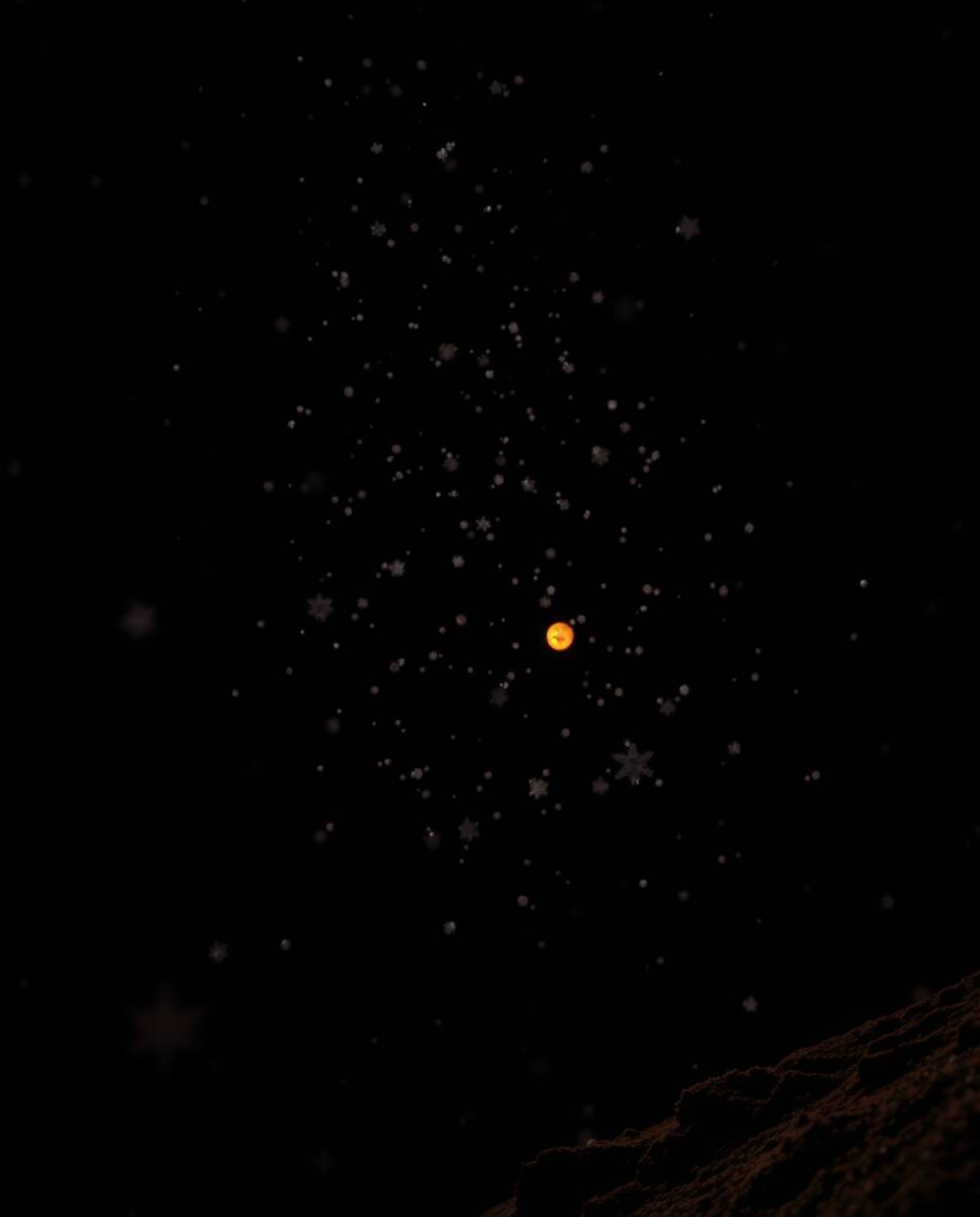 This image captures snowflakes falling during a vibrant sunset from a dramatic low-angle perspective. The scene is set agains