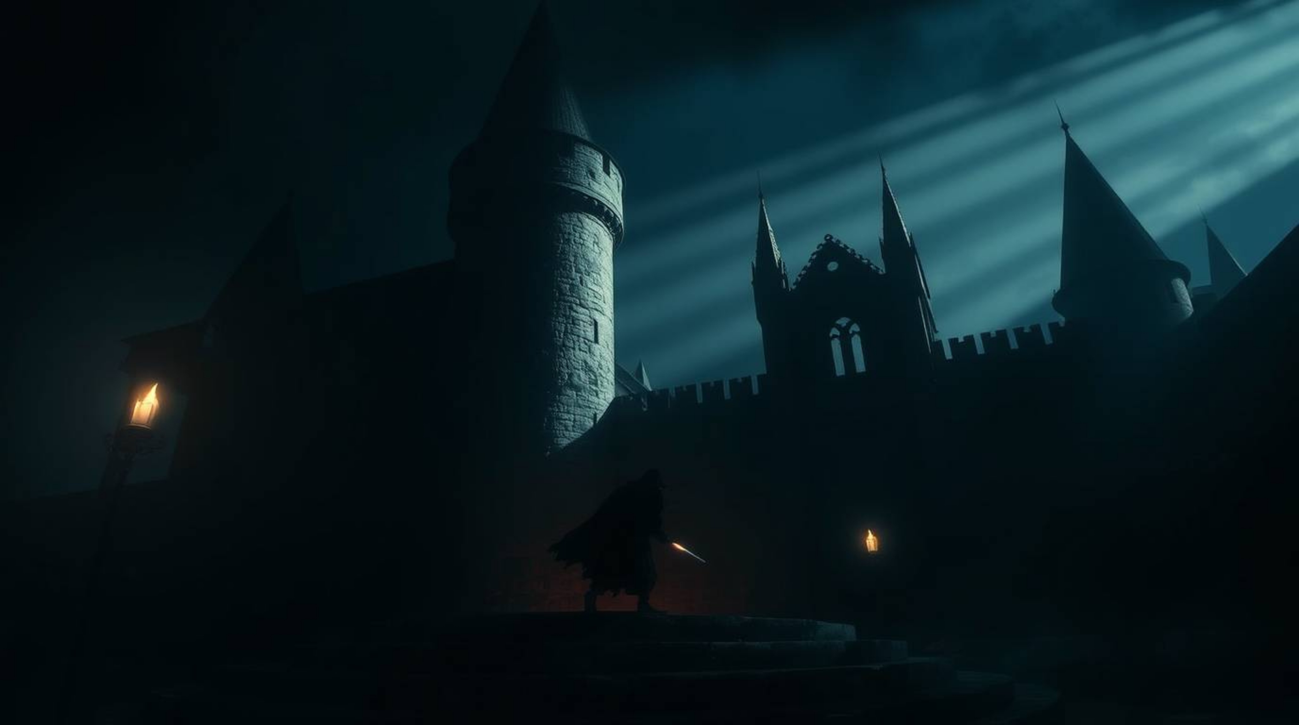 A captivating image depicting a thief stealthily entering a heavily guarded castle under high-contrast, low-key lighting.  Th