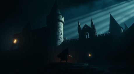 A captivating image depicting a thief stealthily entering a heavily guarded castle under high-contrast, low-key lighting.  Th