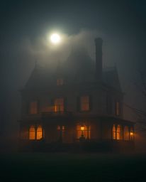Capture the ethereal beauty of a fog-covered Victorian mansion bathed in the soft glow of moonlight with this fine art photog