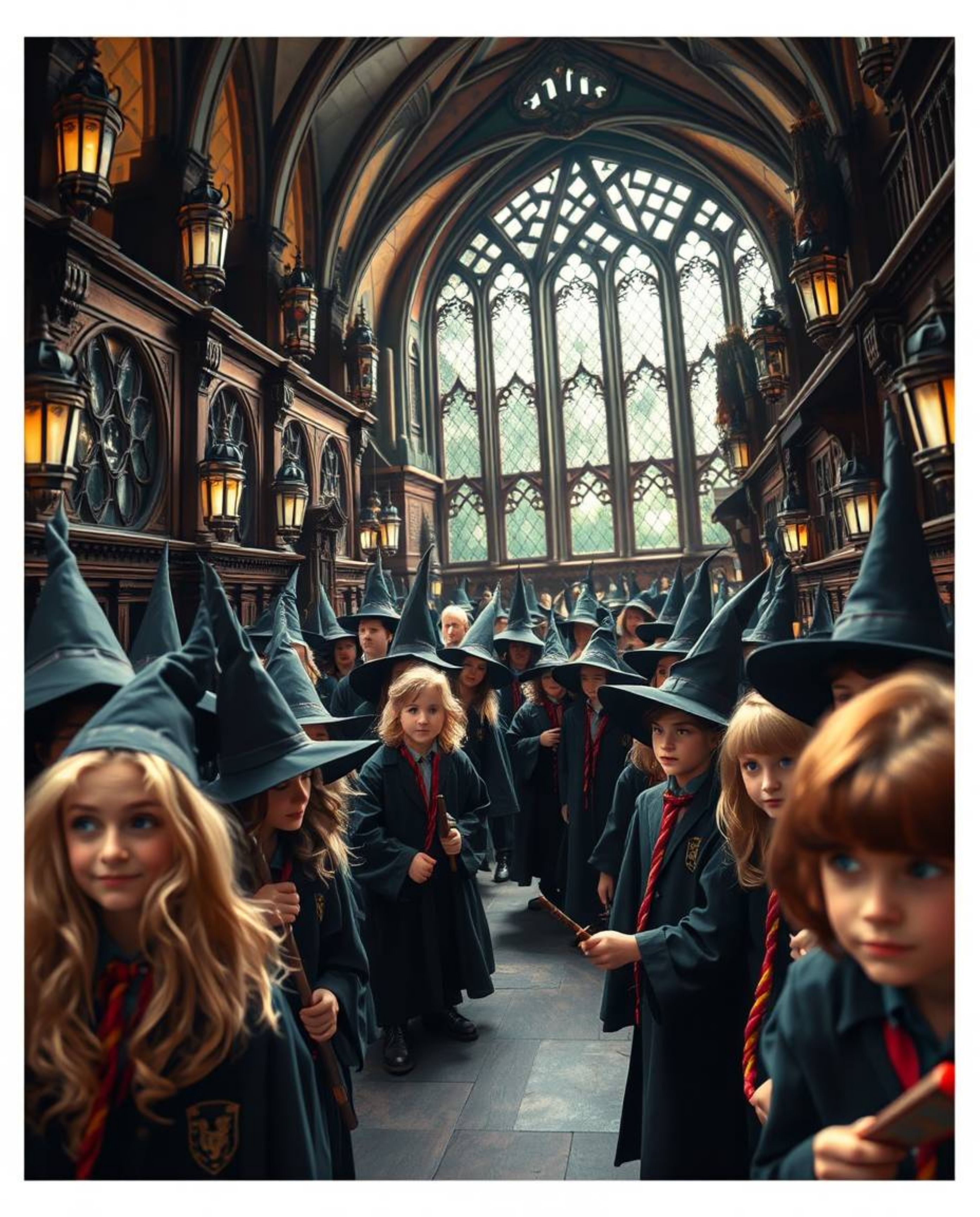 A captivating close-up shot showcasing a magical school brimming with young wizards. The image is vividly detailed and secti
