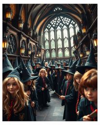 A captivating close-up shot showcasing a magical school brimming with young wizards. The image is vividly detailed and secti