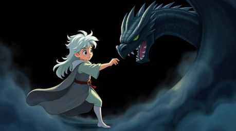 A captivating image depicting a charming silver-haired prince battling a shadowy dragon against an intense jet black backgrou