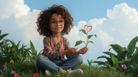 A highly detailed, high-resolution stock photo shows a bright-eyed, curly-haired young girl with oversized glasses, dressed i