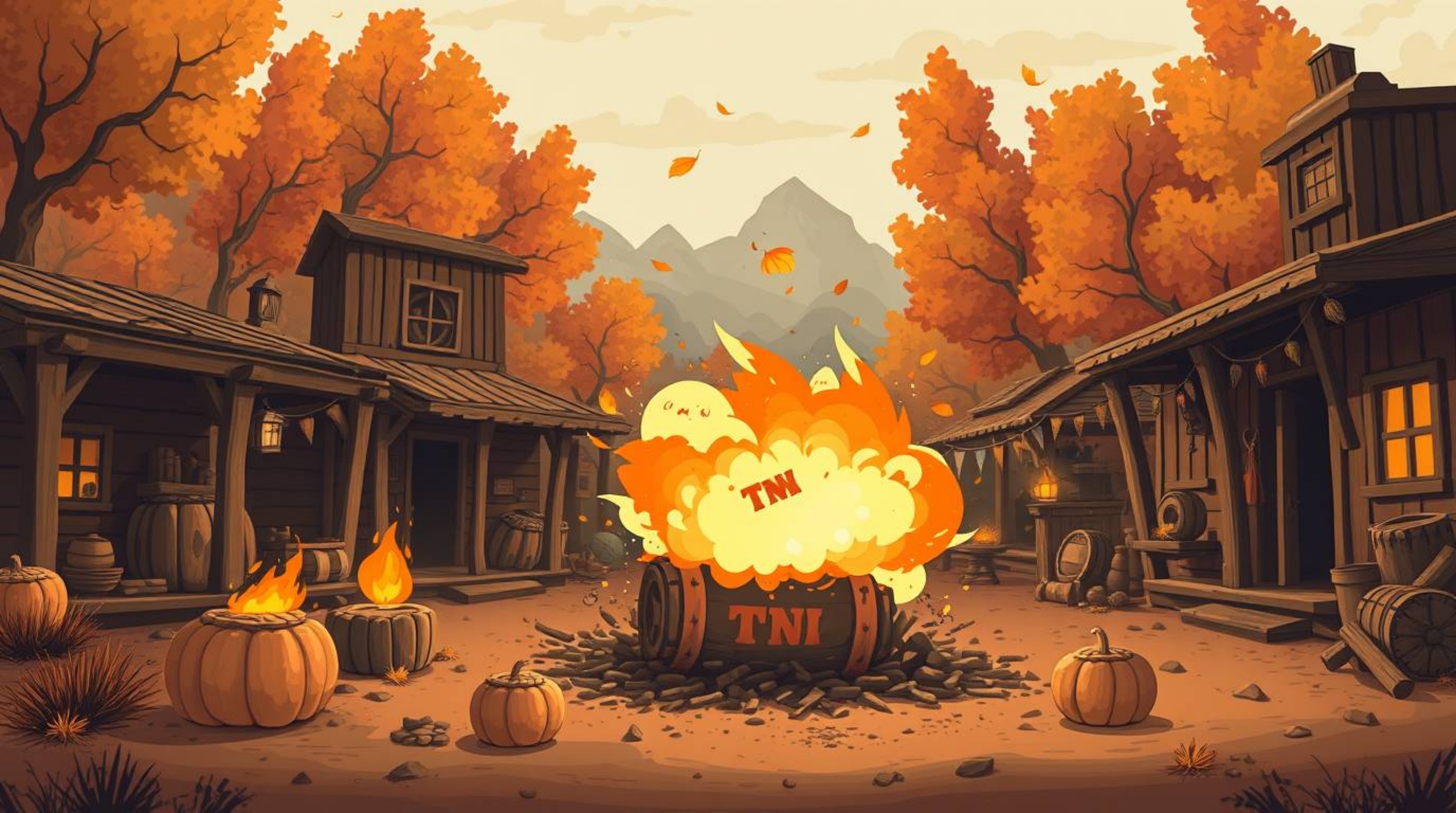 A classic exploding TNT gag set in the Wild West, featuring warm autumn colors and an adorable, charming aesthetic. This artw