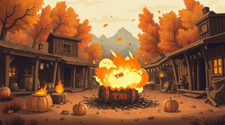 A classic exploding TNT gag set in the Wild West, featuring warm autumn colors and an adorable, charming aesthetic. This artw