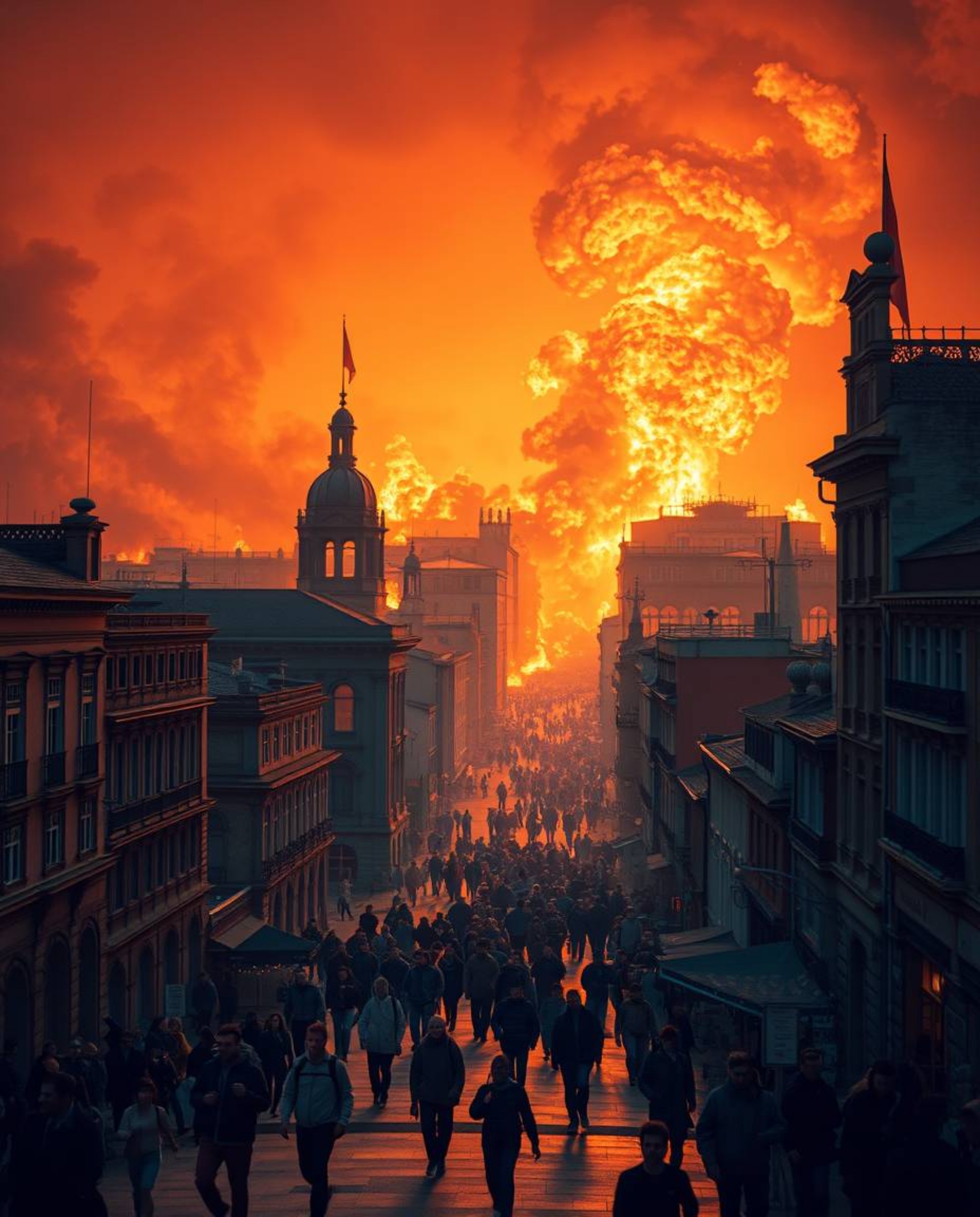 A stunning architectural photograph capturing a city engulfed in flames, depicting the chaos and desperation as people flee i