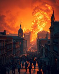 A stunning architectural photograph capturing a city engulfed in flames, depicting the chaos and desperation as people flee i
