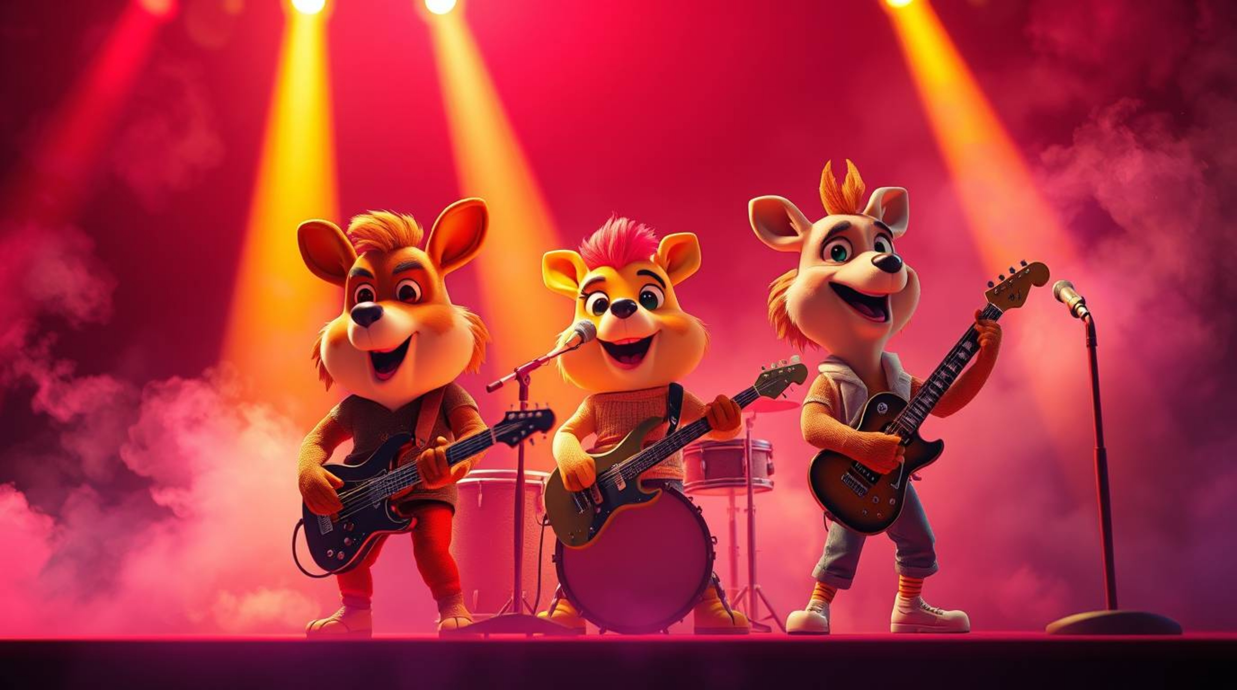 A captivating 3D render showcases a cartoon animal rock band performing on stage. Vibrant, complementary colors pop against