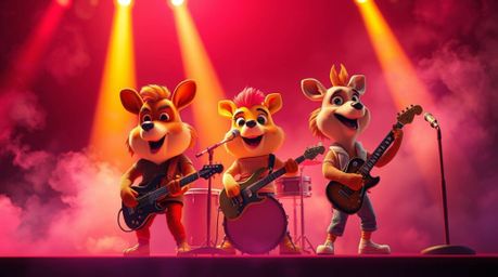 A captivating 3D render showcases a cartoon animal rock band performing on stage. Vibrant, complementary colors pop against