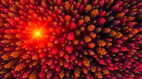 A stunning bird's-eye view captures a forest ablaze with the warm hues of sunset.  Reds, oranges, and yellows dominate the la