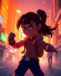 Explore a vibrant and dynamic scene featuring a young inventor girl in a futuristic city, rendered in a Pixar-like style. The