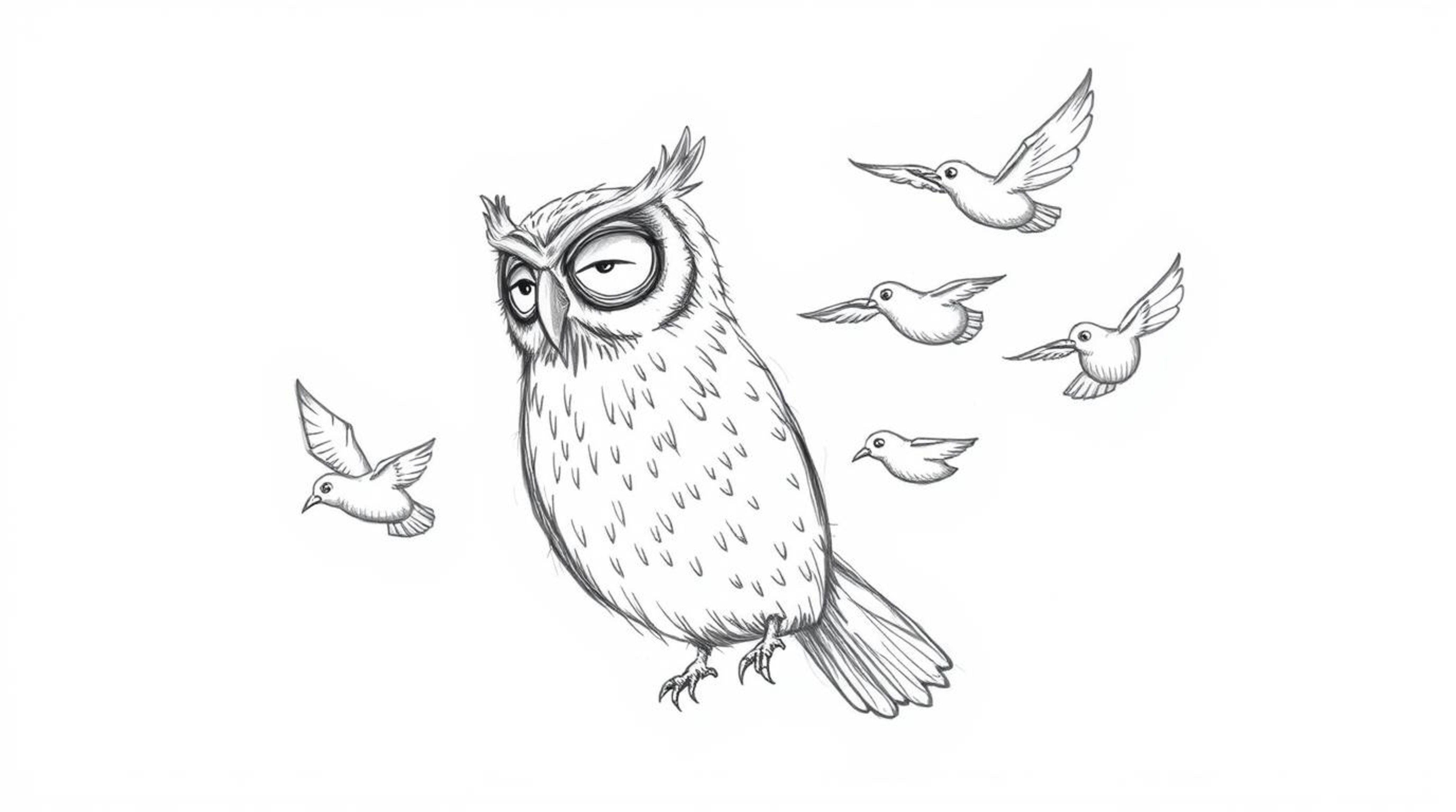A heartwarming, hand-drawn sketch in a Pixar style depicts a wise-looking, blind owl patiently teaching a flock of birds to f