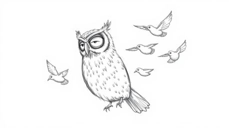 A heartwarming, hand-drawn sketch in a Pixar style depicts a wise-looking, blind owl patiently teaching a flock of birds to f