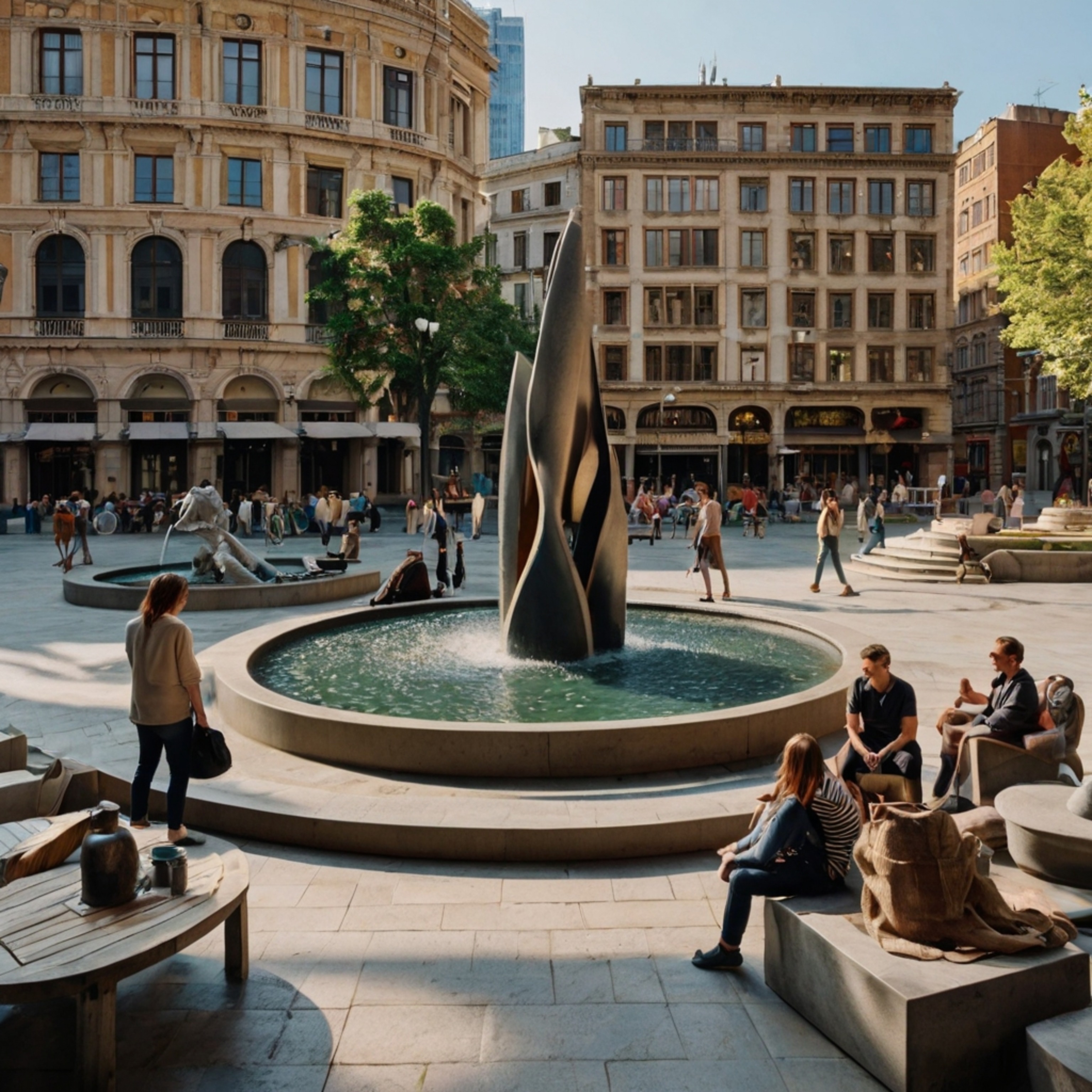 Experience the vibrant energy of a bustling city square, where modern sculptures and refreshing fountains create a captivatin