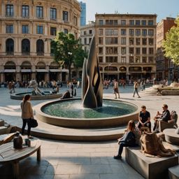Experience the vibrant energy of a bustling city square, where modern sculptures and refreshing fountains create a captivatin