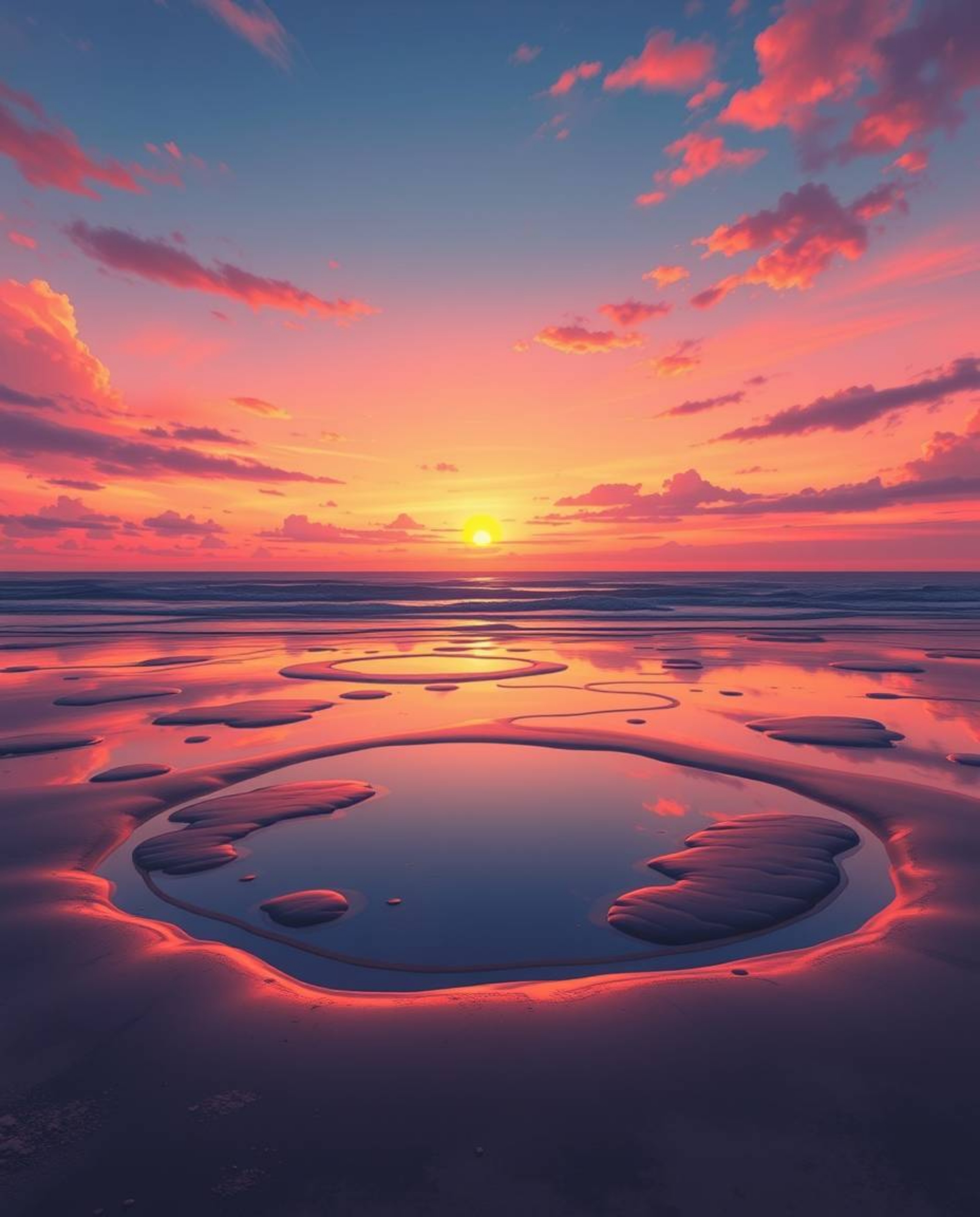 Step into another world with this Isekai anime-style depiction of a sunset sky reflected in the still waters of tidal pools o