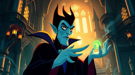 A classic Disney villain, characterized by sharp features and pale skin, casts a potent spell within the walls of an ancient,
