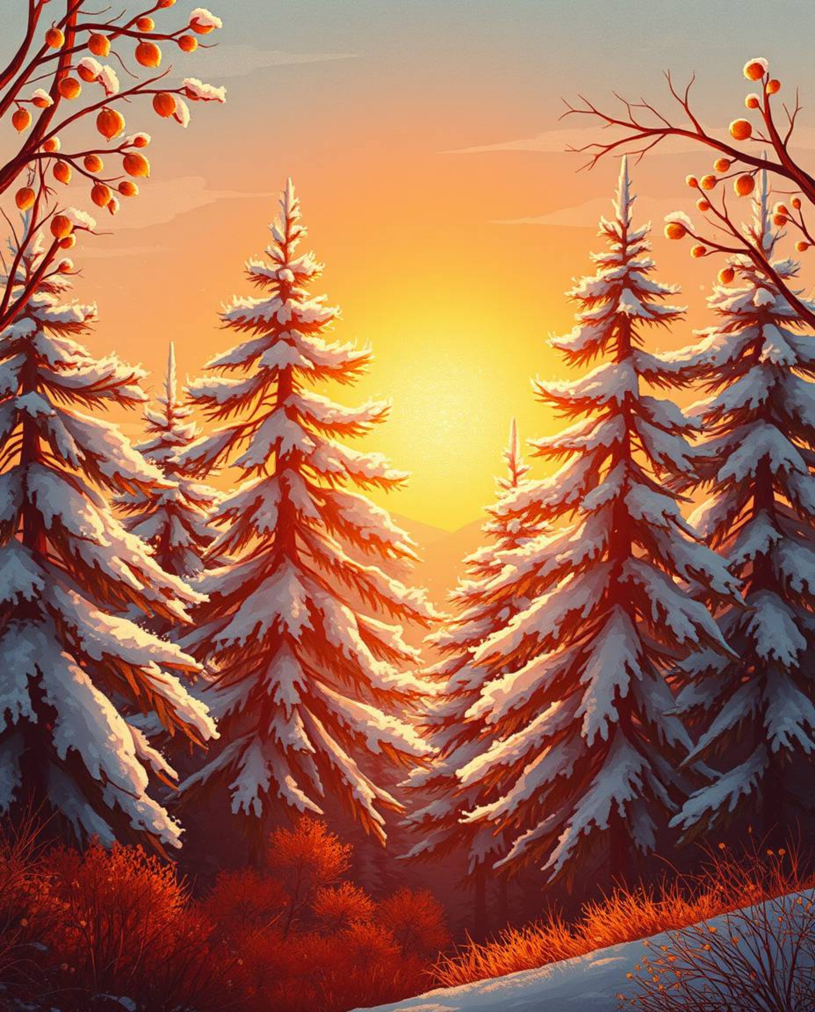 A cinematic photograph depicts a massive, heroic scene of sunset light sparkling on snowy pine trees. Featuring a soft focus 