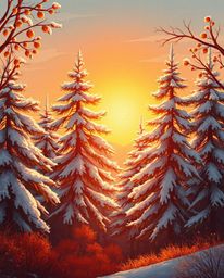 A cinematic photograph depicts a massive, heroic scene of sunset light sparkling on snowy pine trees. Featuring a soft focus 