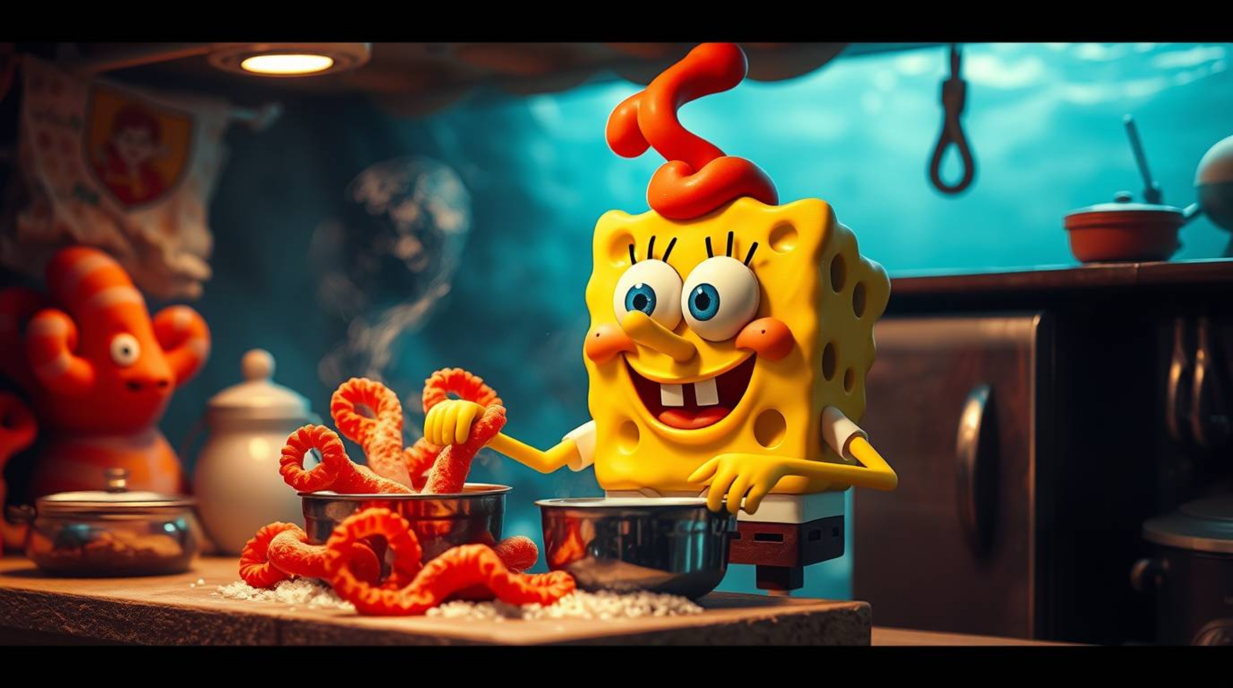 A vibrant and original fine art photograph showcases a sponge character immersed in an underwater kitchen, busily cooking ami